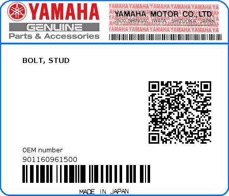 Product image: Yamaha - 901160961500 - BOLT, STUD  0