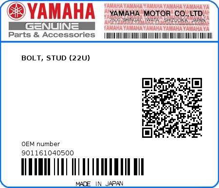 Product image: Yamaha - 901161040500 - BOLT, STUD (22U)  0