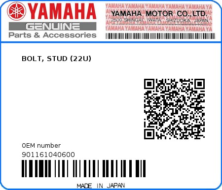 Product image: Yamaha - 901161040600 - BOLT, STUD (22U)  0