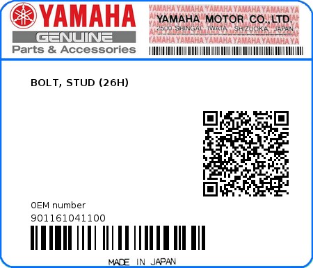 Product image: Yamaha - 901161041100 - BOLT, STUD (26H)  0