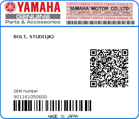 Product image: Yamaha - 901161050600 - BOLT, STUD(1JK)  0