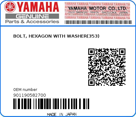 Product image: Yamaha - 901190582700 - BOLT, HEXAGON WITH WASHER(353)  0