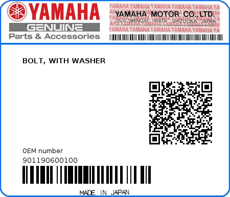 Product image: Yamaha - 901190600100 - BOLT, WITH WASHER  0
