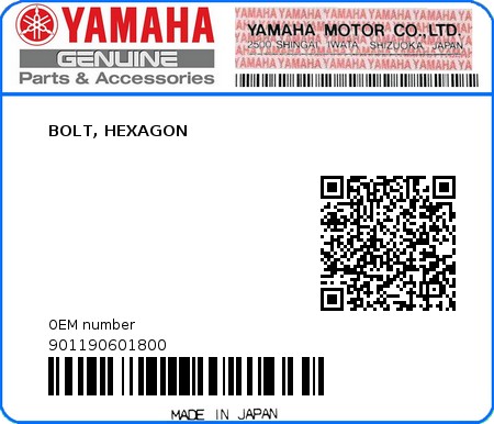 Product image: Yamaha - 901190601800 - BOLT, HEXAGON  0