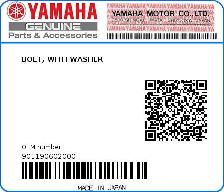 Product image: Yamaha - 901190602000 - BOLT, WITH WASHER  0