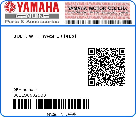 Product image: Yamaha - 901190602900 - BOLT, WITH WASHER (4L6)  0