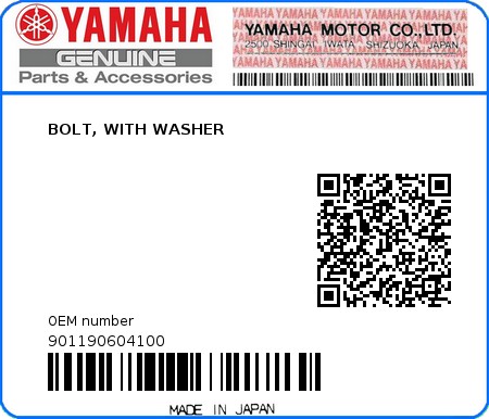 Product image: Yamaha - 901190604100 - BOLT, WITH WASHER  0