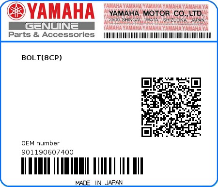 Product image: Yamaha - 901190607400 - BOLT(8CP)  0