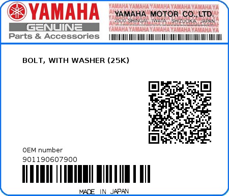 Product image: Yamaha - 901190607900 - BOLT, WITH WASHER (25K)  0