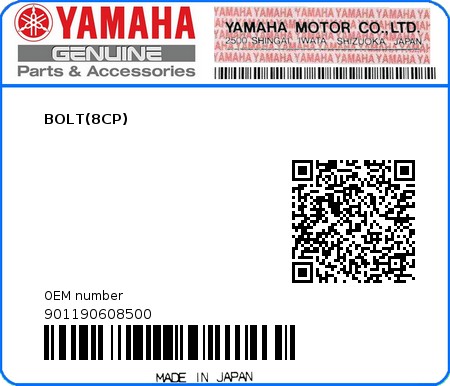 Product image: Yamaha - 901190608500 - BOLT(8CP)  0