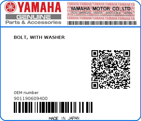 Product image: Yamaha - 901190609400 - BOLT, WITH WASHER  0