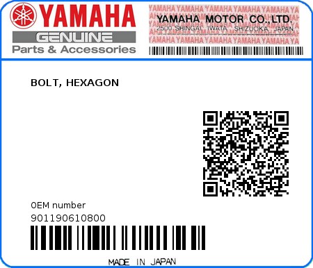 Product image: Yamaha - 901190610800 - BOLT, HEXAGON  0