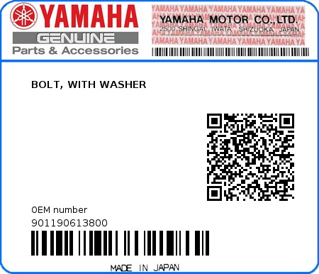 Product image: Yamaha - 901190613800 - BOLT, WITH WASHER  0