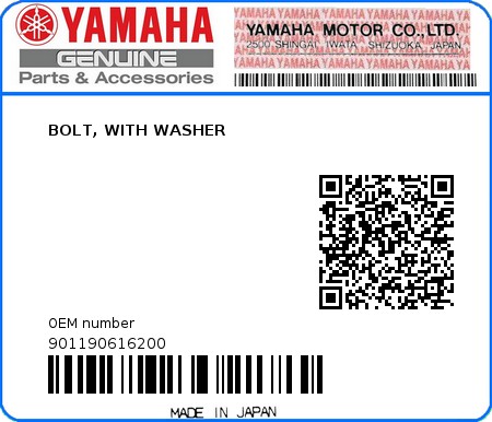 Product image: Yamaha - 901190616200 - BOLT, WITH WASHER  0