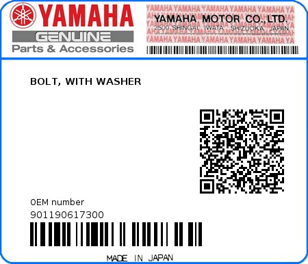 Product image: Yamaha - 901190617300 - BOLT, WITH WASHER  0