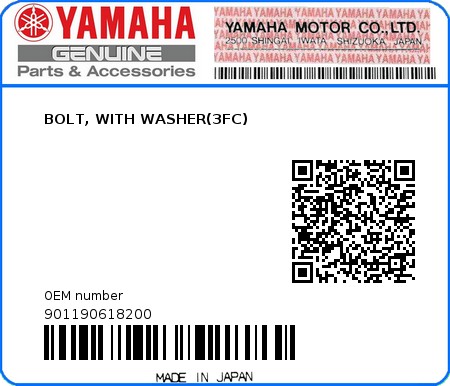 Product image: Yamaha - 901190618200 - BOLT, WITH WASHER(3FC)  0