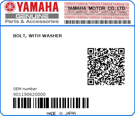 Product image: Yamaha - 901190620000 - BOLT, WITH WASHER  0