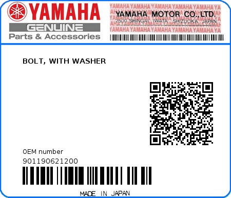 Product image: Yamaha - 901190621200 - BOLT, WITH WASHER  0