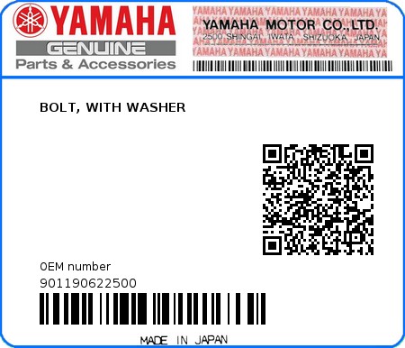 Product image: Yamaha - 901190622500 - BOLT, WITH WASHER   0