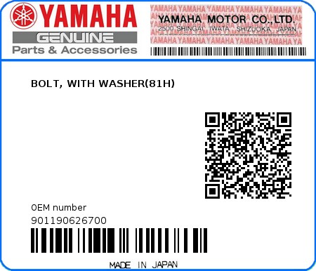 Product image: Yamaha - 901190626700 - BOLT, WITH WASHER(81H)  0