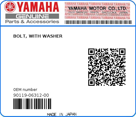 Product image: Yamaha - 90119-06312-00 - BOLT, WITH WASHER  0