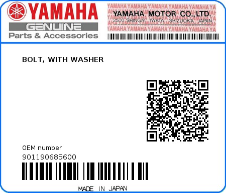Product image: Yamaha - 901190685600 - BOLT, WITH WASHER  0