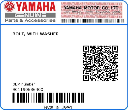 Product image: Yamaha - 901190686400 - BOLT, WITH WASHER  0