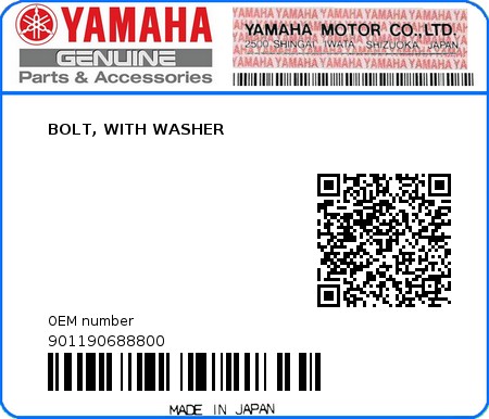 Product image: Yamaha - 901190688800 - BOLT, WITH WASHER  0