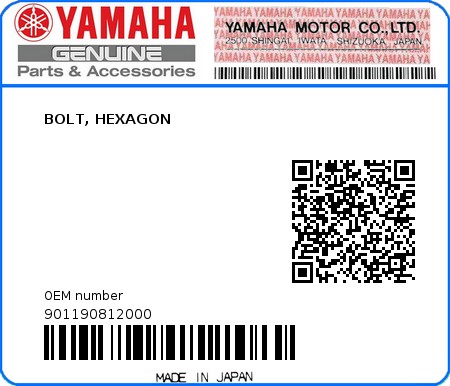Product image: Yamaha - 901190812000 - BOLT, HEXAGON  0