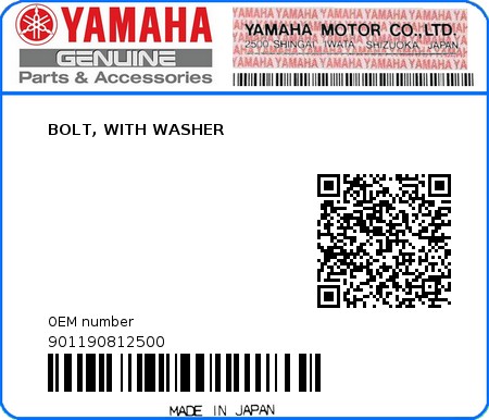 Product image: Yamaha - 901190812500 - BOLT, WITH WASHER  0