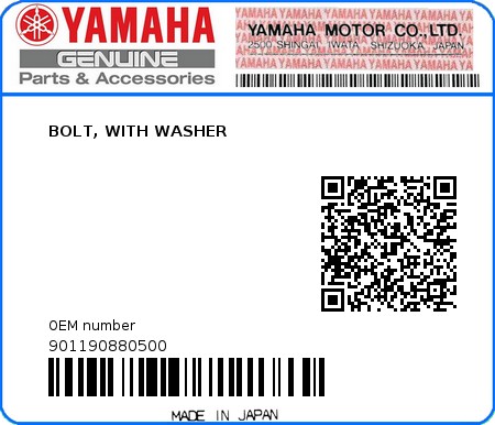 Product image: Yamaha - 901190880500 - BOLT, WITH WASHER   0