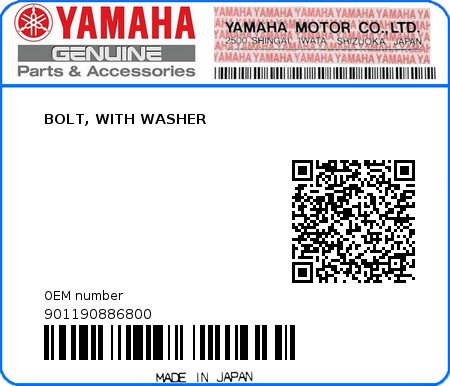 Product image: Yamaha - 901190886800 - BOLT, WITH WASHER  0