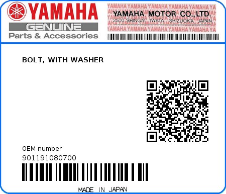 Product image: Yamaha - 901191080700 - BOLT, WITH WASHER  0