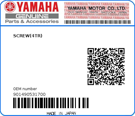 Product image: Yamaha - 901490531700 - SCREW(4TR)  0