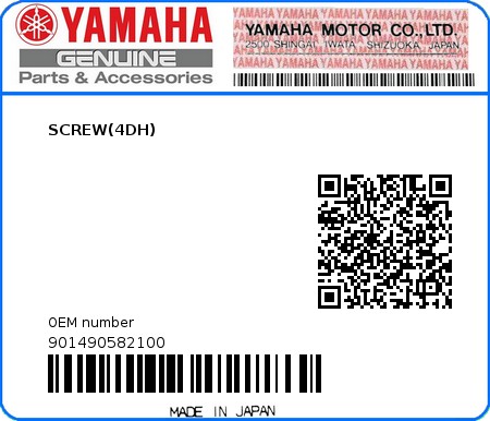 Product image: Yamaha - 901490582100 - SCREW(4DH)  0