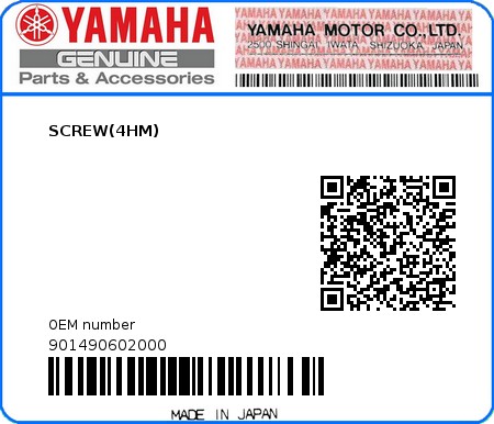 Product image: Yamaha - 901490602000 - SCREW(4HM)  0