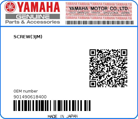 Product image: Yamaha - 901490618400 - SCREW(3JM)  0