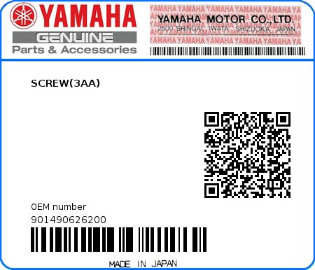 Product image: Yamaha - 901490626200 - SCREW(3AA)  0