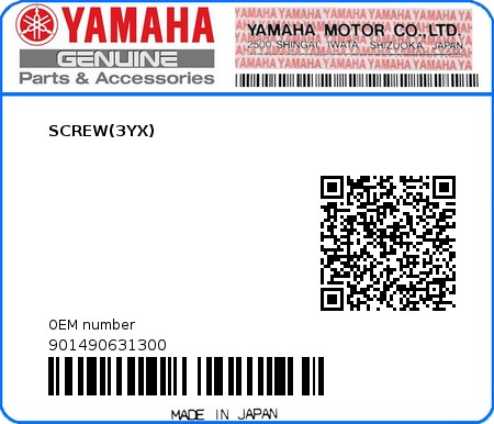 Product image: Yamaha - 901490631300 - SCREW(3YX)  0