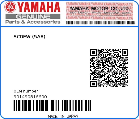 Product image: Yamaha - 901490816600 - SCREW (5A8)  0