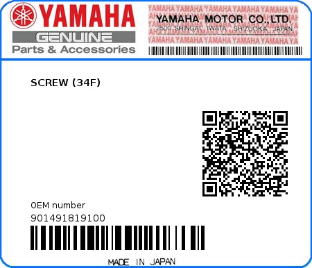 Product image: Yamaha - 901491819100 - SCREW (34F)  0