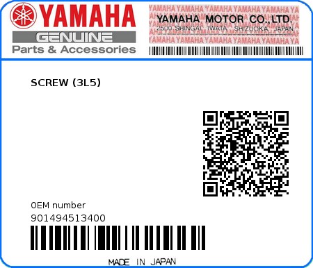 Product image: Yamaha - 901494513400 - SCREW (3L5)  0