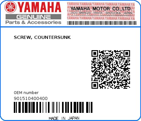 Product image: Yamaha - 901510400400 - SCREW, COUNTERSUNK  0