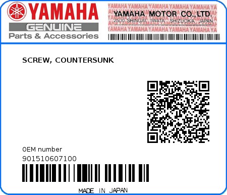 Product image: Yamaha - 901510607100 - SCREW, COUNTERSUNK  0