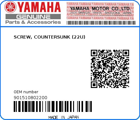 Product image: Yamaha - 901510802200 - SCREW, COUNTERSUNK (22U)  0