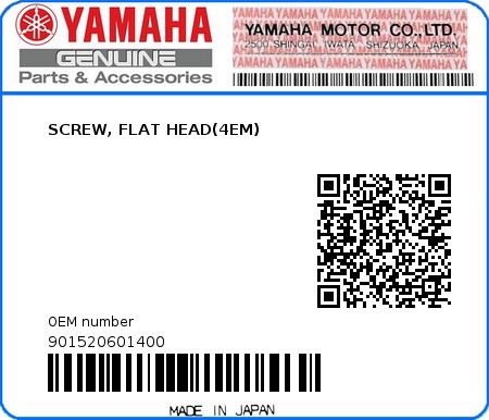Product image: Yamaha - 901520601400 - SCREW, FLAT HEAD(4EM)  0