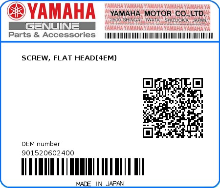 Product image: Yamaha - 901520602400 - SCREW, FLAT HEAD(4EM)  0