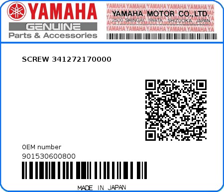 Product image: Yamaha - 901530600800 - SCREW 341272170000  0
