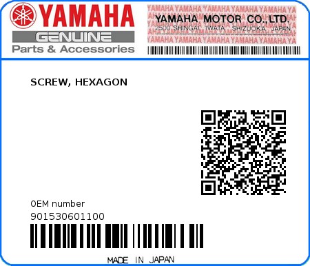 Product image: Yamaha - 901530601100 - SCREW, HEXAGON  0