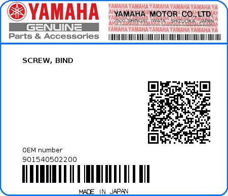 Product image: Yamaha - 901540502200 - SCREW, BIND  0